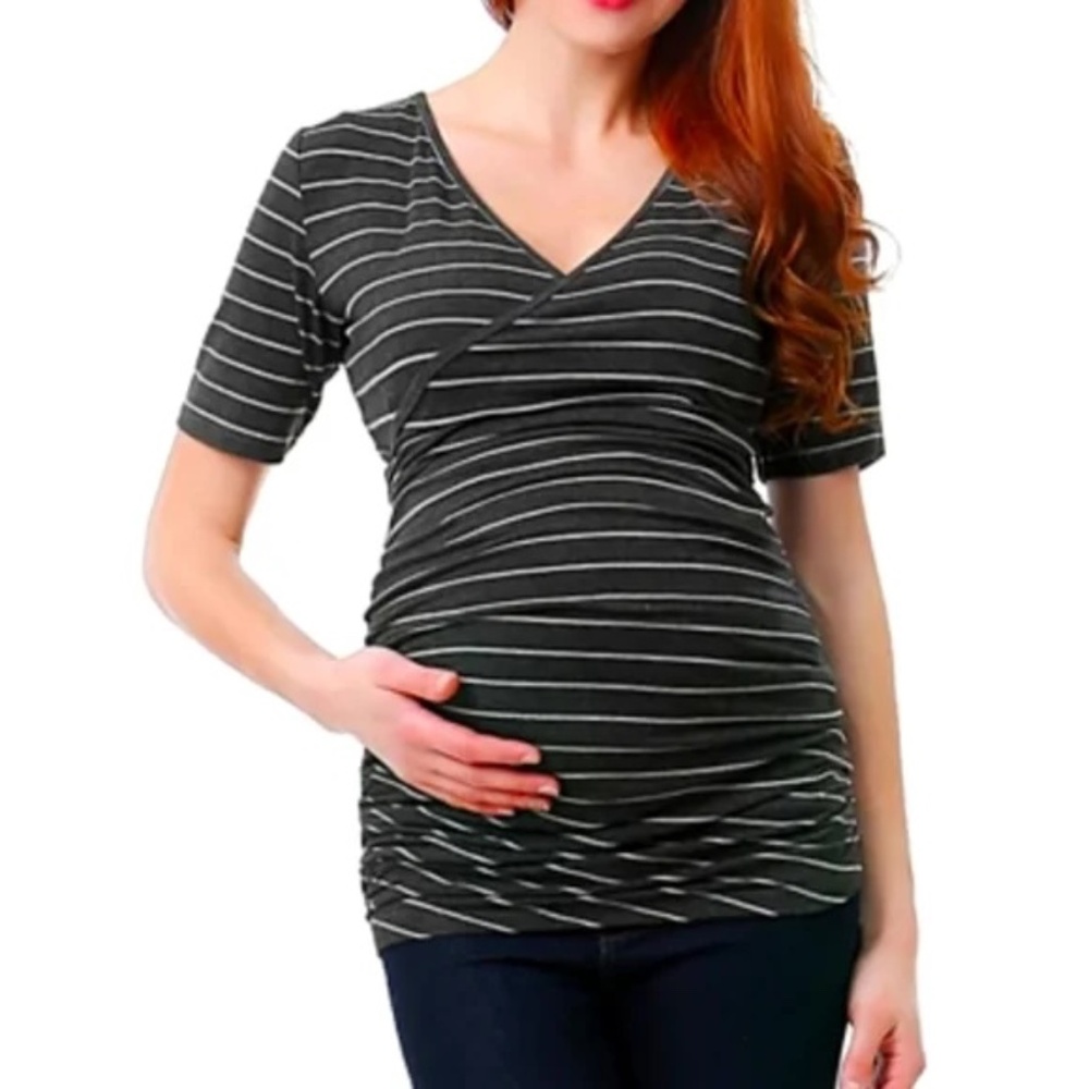 KIMI & KAI Maternity Soft Knit V-Neck Ruched Nursing Top Striped Black Size S
